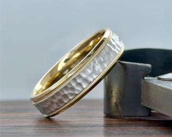 14k Gold Two-Tone 6MM Men’s Wedding Band | 14K Genuine Gold Band | Brush Satin Matte | Hammer | Beveled Edge| Comfort Fit | 10k 14k 18k