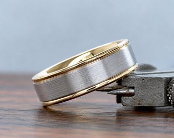 Men's 14k Gold Two-Tone Wedding Band (6MM) | Classic Gold Wedding Band | Comfort Fit Gold Band | Brush Matte Satin | 10K 14K 18K