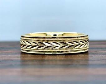 14KT Classic Gold Leaf Pattern Wedding Band 6MM | 14K Gold Ring | Comfort Fit Band | Leaf Art Deco Band | Hand Engraved  | 10K 14K 18K