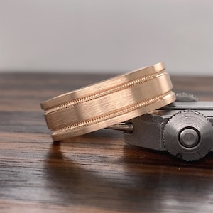 14K Gold Brushed Finish Ehering 7MM | Herren Comfort Fit Ehering | 14K Gold Milgrain Herren Ehering | 14K Gold Herrenring