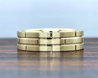 14K Gold Wedding Band With Block Pattern (7MM) | Men's Solid Gold Band | Comfort Fit | Brush Matte Satin | Unique Band | 10K 14K 18K