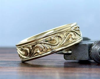 14k Gold 7mm Floral Design Wedding Band With Milgrain | Vintage Gold Wedding Band | Comfort Fit | 10k 14k 18k | Floral Scroll Design