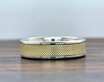 Men's 14k Gold Two-Tone Wedding Band (6MM) | Textured Gold Wedding Band | Comfort Fit Gold Band | Knurled Cross Hatch Design | 10K 14K 18K