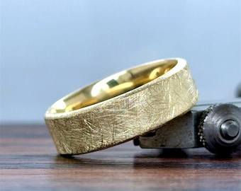 14K Gold Men's Hand Brush Wedding Band | Solid Gold | Comfort Fit | Unique Band | 10K 14K 18K
