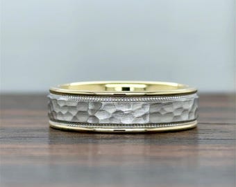 14k Gold Two-Tone 6mm Men’s Wedding Band | 14K Comfort Fit Wedding Band | Men’s Gold Wedding Band | Brush Matte | Hammer | Comfort Fit
