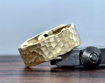 14K Gold Hammered Finish Wedding Band 8MM | Solid Gold Band | Brush Finish |  Organic Hammered Band | Comfort Fit | 10K 14K 18K Plat