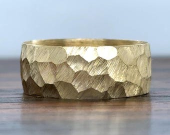 14K Gold Hammered Finish Wedding Band 8MM | Solid Gold Band | Unique Band | Comfort Fit | Angled Brush | Stylish Band | 10k 14k 18k