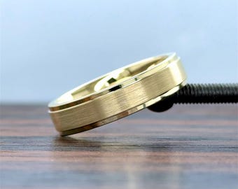 14K Gold Men's Wedding Band 5MM | 14K Gold Ring | Comfort Fit | Solid Gold | Brush Matte Satin | Step Edge | Class Band | 10K 14K 18K