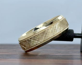 14K Gold Men's Beveled Edge Florentine Finish Wedding Band 7MM | 14K Gold Ring | Comfort Fit |  Milgrain | Beveled Edge | 10K 14K 18K