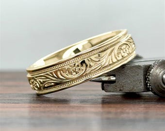 14KT Classic Gold Flower Deco Wedding Band 6MM | 14K Gold Ring | Comfort Fit Band | Flower Art Deco Band | Engraved Band  | 10K 14K 18K