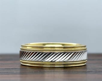 14k Gold Diamond Cut Wedding Band (7MM) | Two Tone Gold Wedding Band | Genuine Two Tone Solid Gold | Comfort Fit | Diamond Cut | 10k 14k 18k