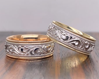 14k Gold Two Tone 8mm Floral Design Wedding Band With Milgrain.