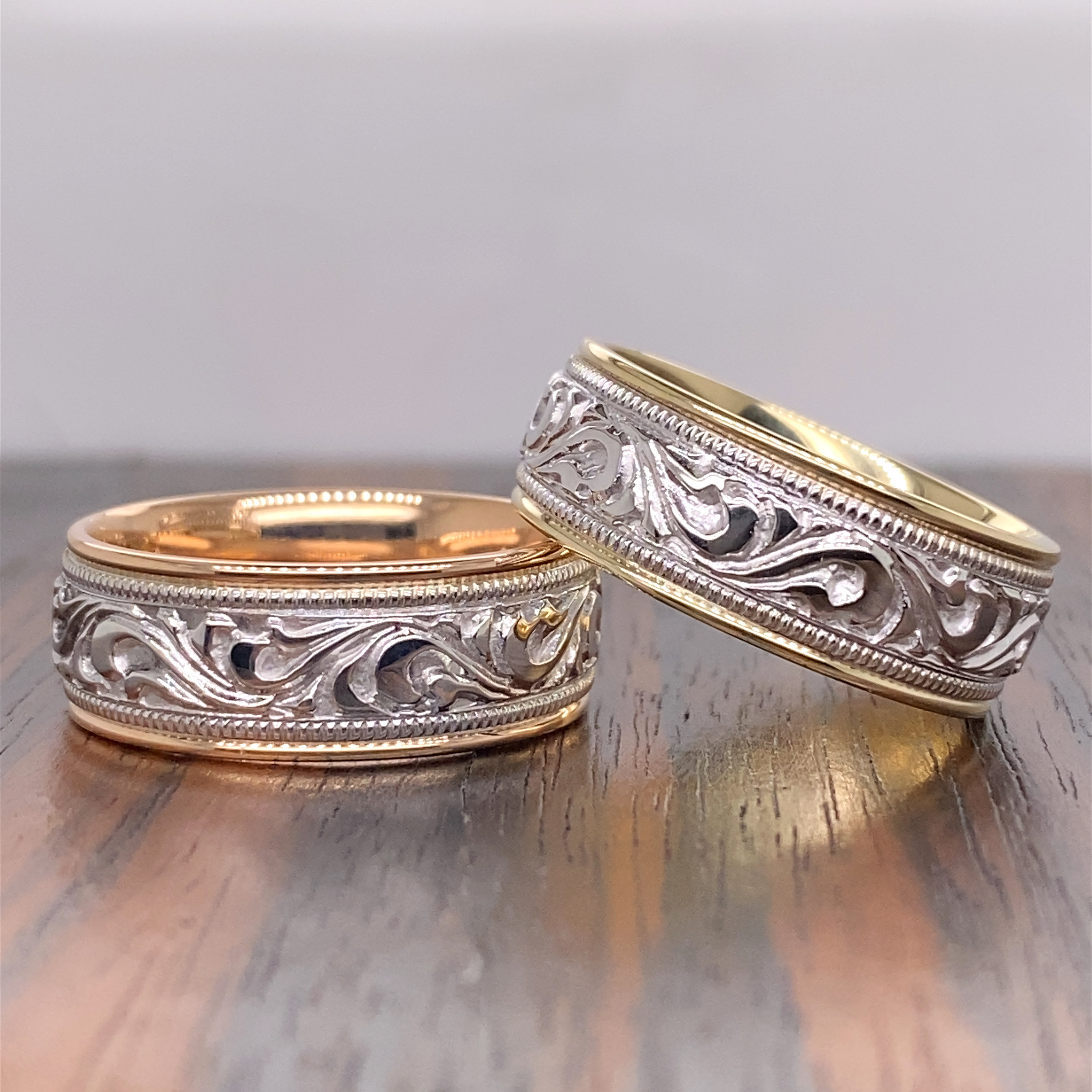 14k Gold Two Tone 8mm Floral Design Wedding Band With Milgrain.