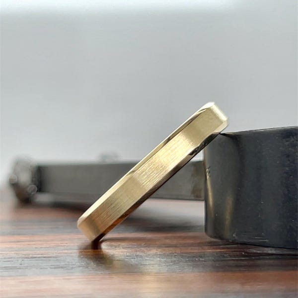 14K Gold Men's Wedding Band 4MM | 14K Gold Ring | Comfort Fit Wedding Band | Brush Matte Satin  | Beveled Edge | 10K 14K 18K