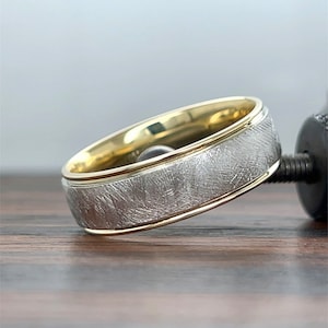 14k Gold Two-Tone 7mm Men&#39;s Wedding Band | 14K Comfort Fit Wedding Band | Men&#39;s Gold Wedding Band | Brush | Distressed Finish | Wedding Gift