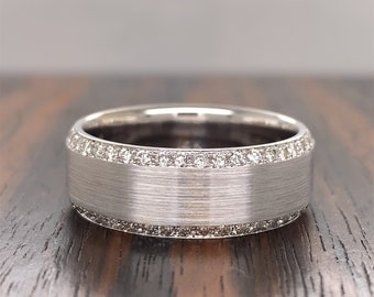 Men's 8mm 14k Gold and Diamond Beveled Edge Wedding Band  | Men’s Diamond Wedding Ring | Men's Unique Gold and Diamond Eternity Band |