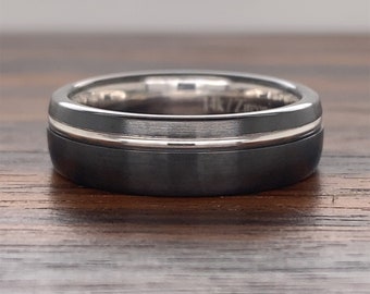 Mens 14K Gold & Black Zirconium Wedding Band 6MM | Men’s Black Gold Wedding Band | 14K Gold Comfort Fit Band | Semi Round | Brush Satin