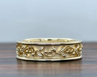 Klassischer Ehering 6 MM | 14K Gold Ring | Comfort Fit Ehering | Blatt Art Deco Band | Blattmuster | 10K 14K 18K