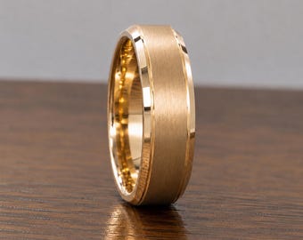 14k Gold Men's Beveled Edge Wedding Band 6MM | 14K Gold Ring | Comfort Fit | Brush Matte Satin  | Step Beveled Edge | 10K 14K 18K