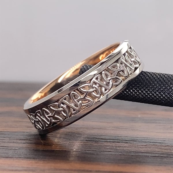 Banda de boda celta para hombre de oro de 14k / Anillo de boda celta para hombre / Anillo celta tradicional de 14K / Banda de boda celta / Ajuste cómodo / Dos tonos