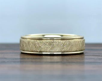 Gold Mens Hand Brush Wedding Band 6MM | 10K 14K 18k Solid Gold Wedding Band | Genuine Gold Band | Comfort Fit | Distressed / Hand Brush