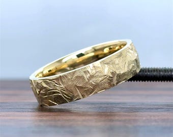 14K Gold Wedding Band (6MM) | Mens Textured Wedding Ring | Comfort Fit Wedding Band | Satin Texture | Unique Band | Solid Gold | 10K 14K 18K