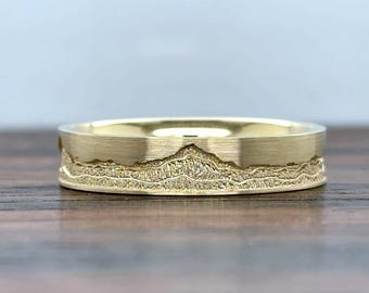 14k Gold Mountain Skyline Wedding Band 5MM | Solid Gold Mountain Ring | Custom Skyline | Comfort Fit | Brush Matte Satin | 10k 14k 18k