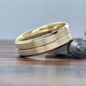 14K Gold 7MM Beveled Edge Wedding Band | 14K Comfort Fit Wedding Band| 14K Mens Wedding Band| Matte Brush Satin | Unisex | Anniversary