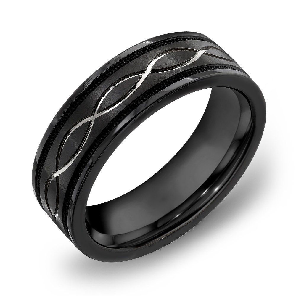 Men's Black Zirconium 7mm Infinity Design Wedding Band With Milgrain | Men’s Zirconium Wedding Ring | Black Zirconium Comfort Fit Ring