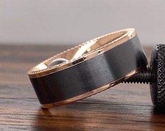 Men's 14K Gold & Black Zirconium Wedding Band | Men’s Black Gold Wedding Band | 14K Gold Comfort Fit Band | Coin Edge | Brush Matte
