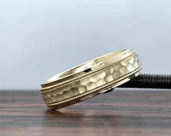14K Mens Hammered Finish 6MM Wedding Band | Genuine Gold Band | Comfort Fit | Hammer | Milgrain | Step Edge | Brush Finish  | 10k 14k 18k