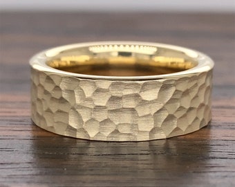 14K Gold Men's Hammered Wedding Band 7MM | 14K Men's Wedding Band | 14K Gold Men's Ring | Brush Matte | Comfort Fit | Hammer | Rustic Band