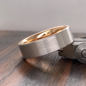 14K Gold Herren-Silberring (6 mm) | 14K Flacher Ehering | 14K Herren Ehering | Zweifarbig |  | Mattpinsel | Gerade Kante | Komfort Passform