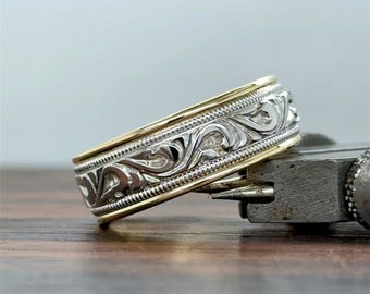 14k Gold Two Tone 7mm Floral Design Wedding Band With Milgrain | Vintage Gold Wedding Band | Comfort Fit | 10k 14k 18k