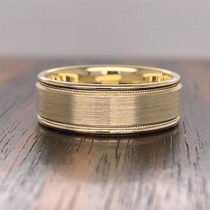 Herren 14k Gold Milgrain Hochzeitsband (7MM) | 14K Comfort Fit Hochzeitsband | Herren Gold band | Brush Matte Satin | Klassisches Hochzeitsband