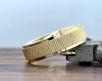 14K Gold Men's Textured Wedding Band 6MM | Unique Gold Wedding Band | Solid Gold | Textured Finish | Comfort Fit | Step Edge | 10K 14K 18K