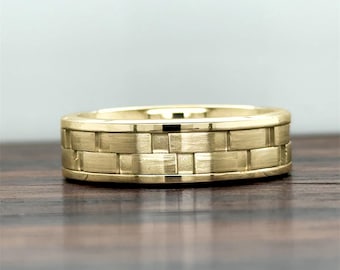 14K Gold Mens Stylish Wedding Band 6MM | 14k Gold Brick Inspired Band | Solid Gold | Comfort Fit | Unique Band | Stylish Band | 10K 14K 18K