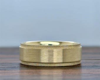 14K Gold Men's Wedding Band (7MM) | 14K Gold Wedding Ring | Men's Gold Wedding Band| Step Edge | Knurled edge | 10K 14K 18K | Comfort Fit