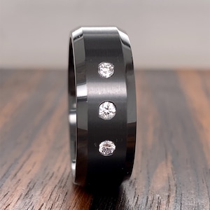 Black Zirconium and Diamond 8mm Beveled Edge Men&#39;s Wedding Band  | Men’s Comfort Fit Wedding Ring