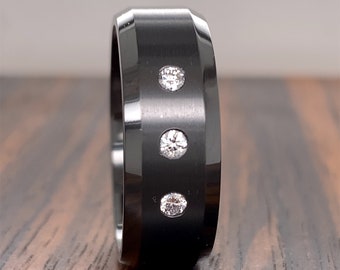 Black Zirconium and Diamond 8mm Beveled Edge Men&#39;s Wedding Band  | Men’s Comfort Fit Wedding Ring