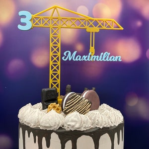 Decorazione per torta gru cantiere bambini e adulti personalizzata con anno e nome bicolore - decorazione per torta gru cantiere