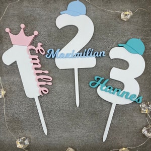 Caketopper 1st - 9th birthday 1 - 9 years personalized with name, crown, bow, cap or party hat