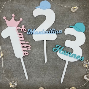 Caketopper 1st - 9th birthday 1 - 9 years personalized with name, crown, bow, cap or party hat