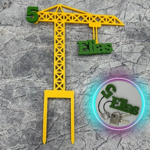 Decorazione per torta, gru da costruzione, magneti da cantiere, portachiavi per bambini e adulti, personalizzabile con anno e nome, bicolore