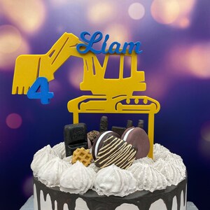 Caketopper excavator personalized with year and name two-tone