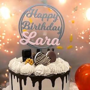 Adorno para tarta Feliz Cumpleaños personalizado con nombre bicolor para cumpleaños