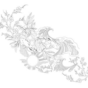 May include: Black and white line art illustration of a koi fish swimming through waves with cherry blossoms and peonies.