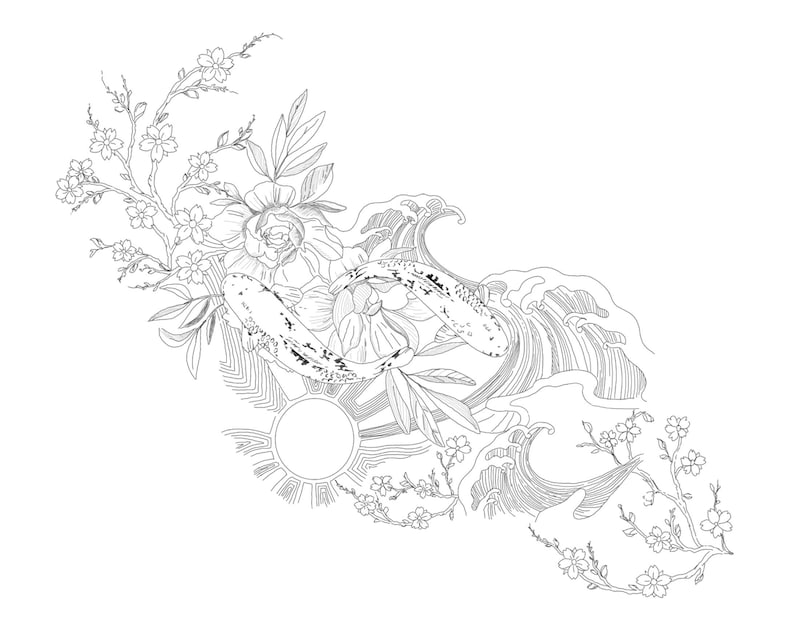 May include: Black and white line art illustration of a koi fish swimming through waves with cherry blossoms and peonies.