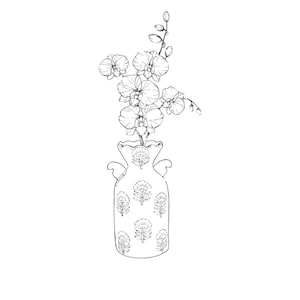 May include: A black and white line drawing of a vase with a floral pattern and a bouquet of orchids.