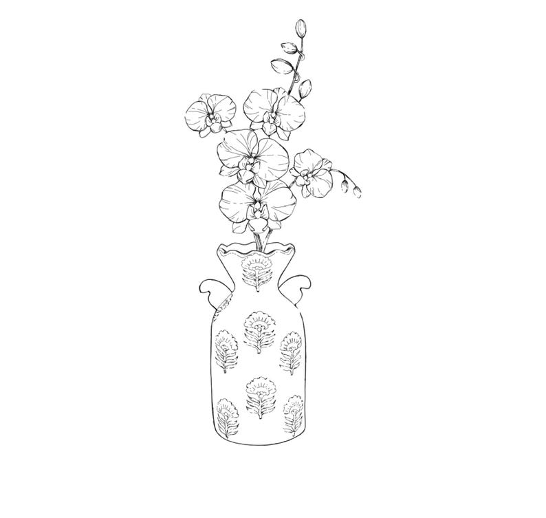 May include: A black and white line drawing of a vase with a floral pattern and a bouquet of orchids.